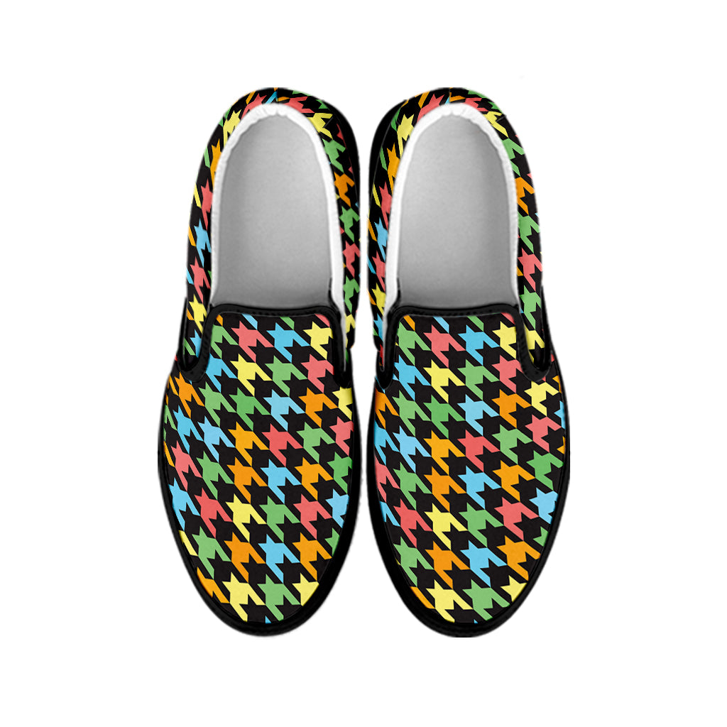Colorful Houndstooth Print Black Slip On Shoes