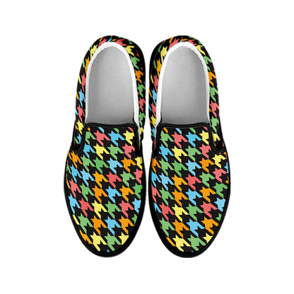 Colorful Houndstooth Print Black Slip On Shoes