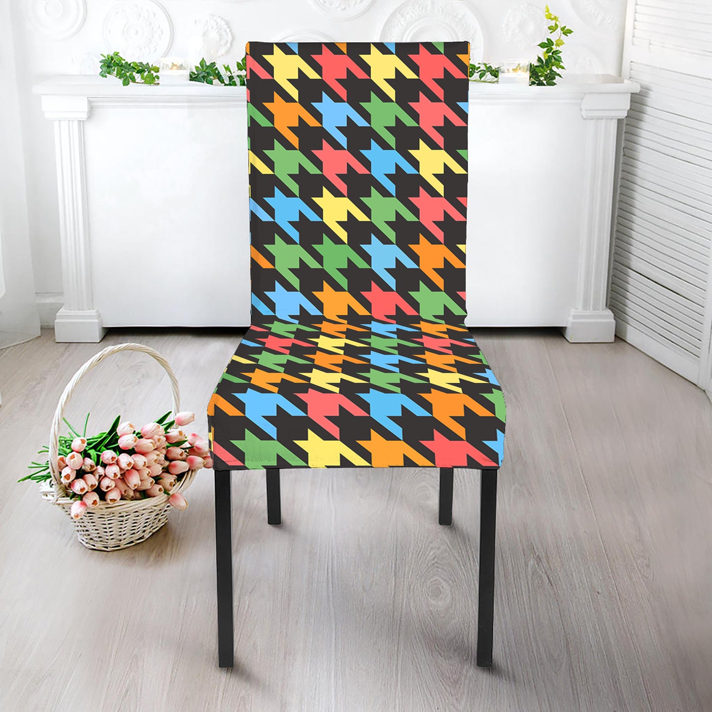 Colorful Houndstooth Print Dining Chair Slipcover