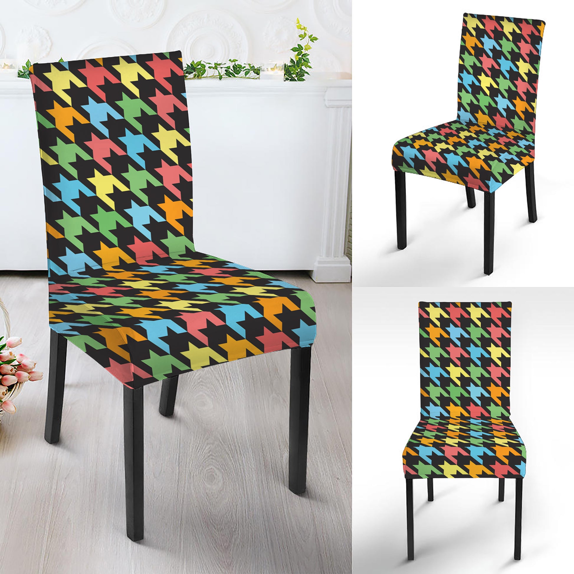 Colorful Houndstooth Print Dining Chair Slipcover