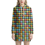 Colorful Houndstooth Print Hoodie Dress