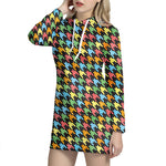 Colorful Houndstooth Print Hoodie Dress