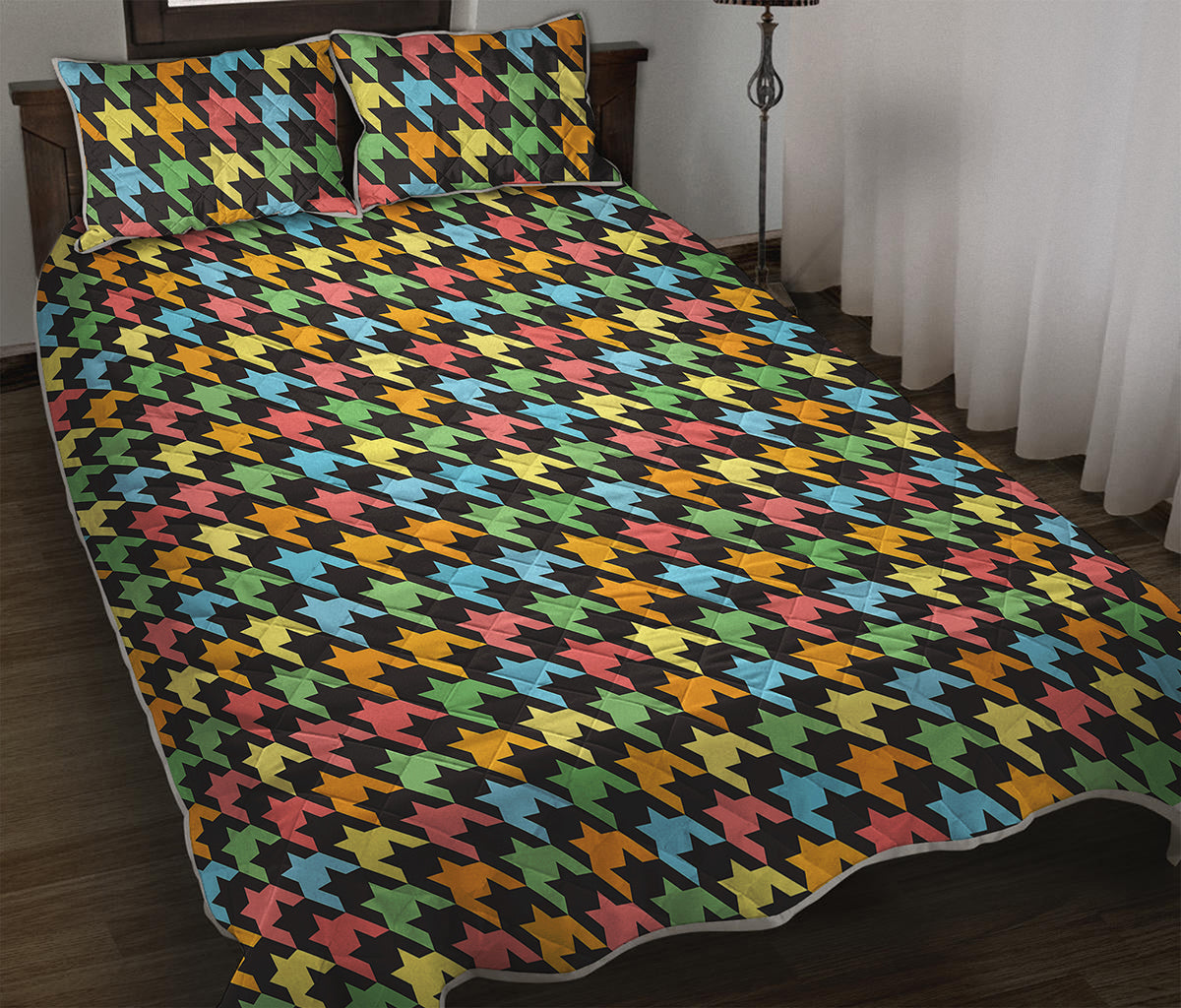 Colorful Houndstooth Print Quilt Bed Set