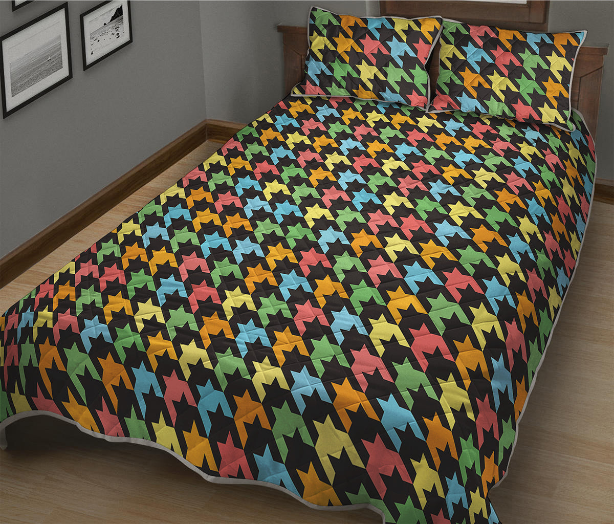 Colorful Houndstooth Print Quilt Bed Set