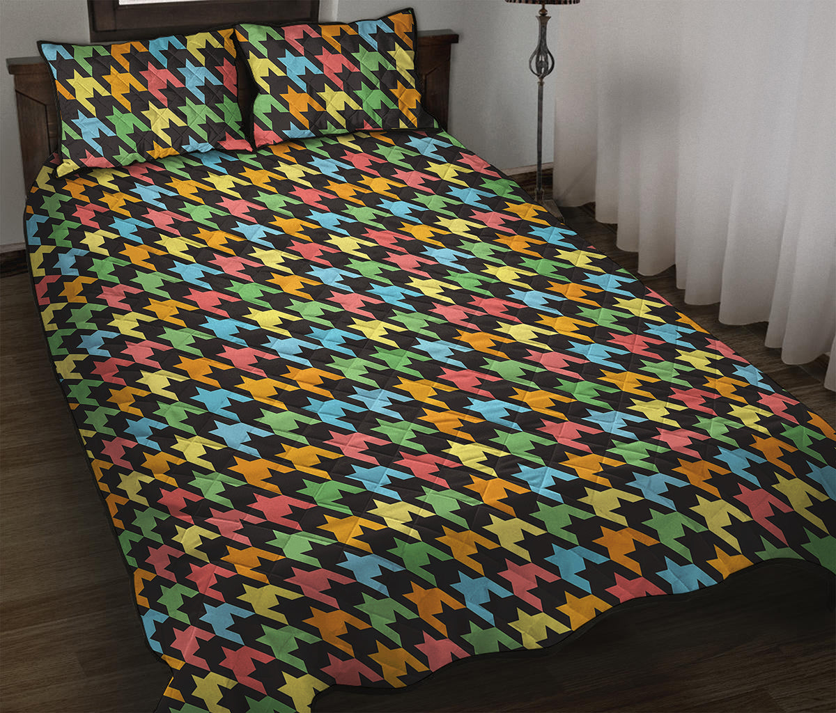 Colorful Houndstooth Print Quilt Bed Set