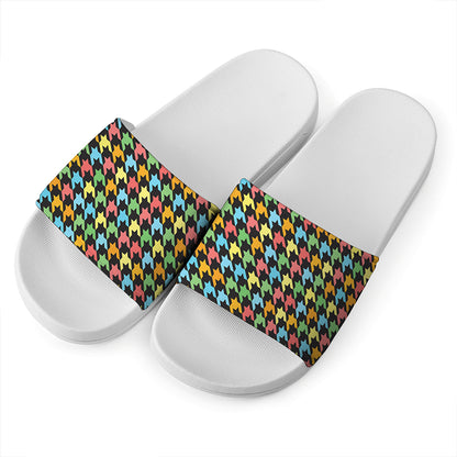 Colorful Houndstooth Print White Slide Sandals