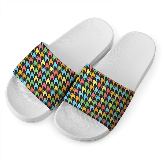 Colorful Houndstooth Print White Slide Sandals