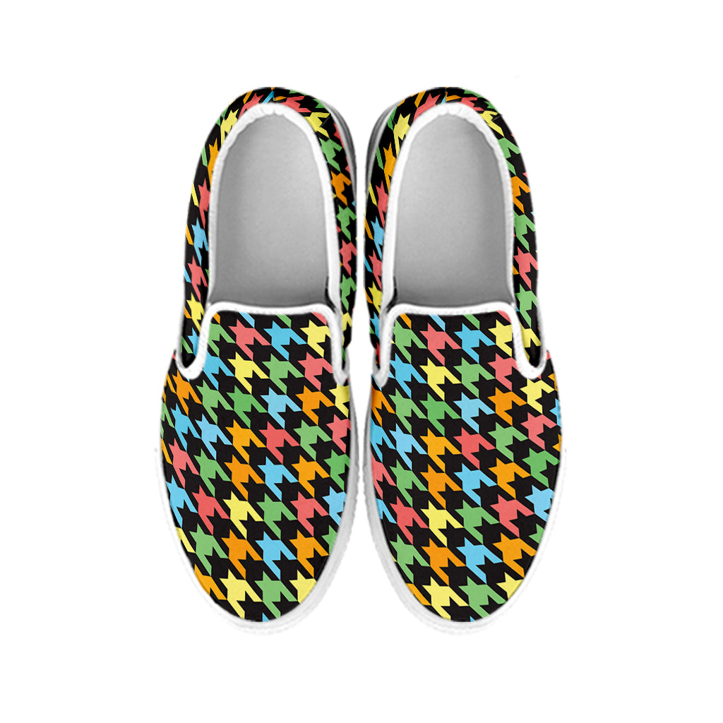 Colorful Houndstooth Print White Slip On Shoes