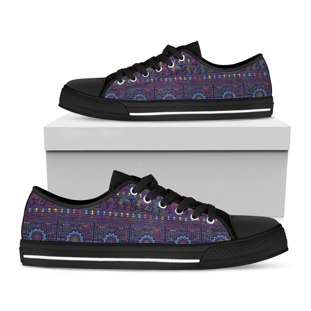 Colorful Indian Elephant Pattern Print Black Low Top Shoes