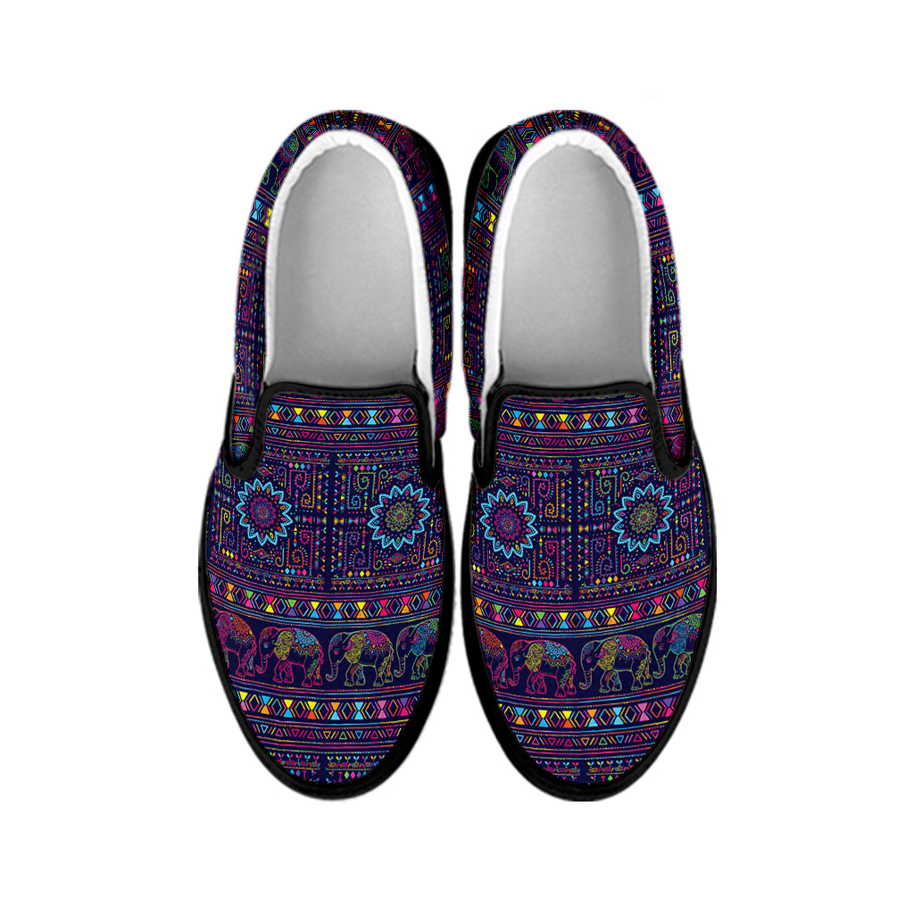 Colorful Indian Elephant Pattern Print Black Slip On Shoes