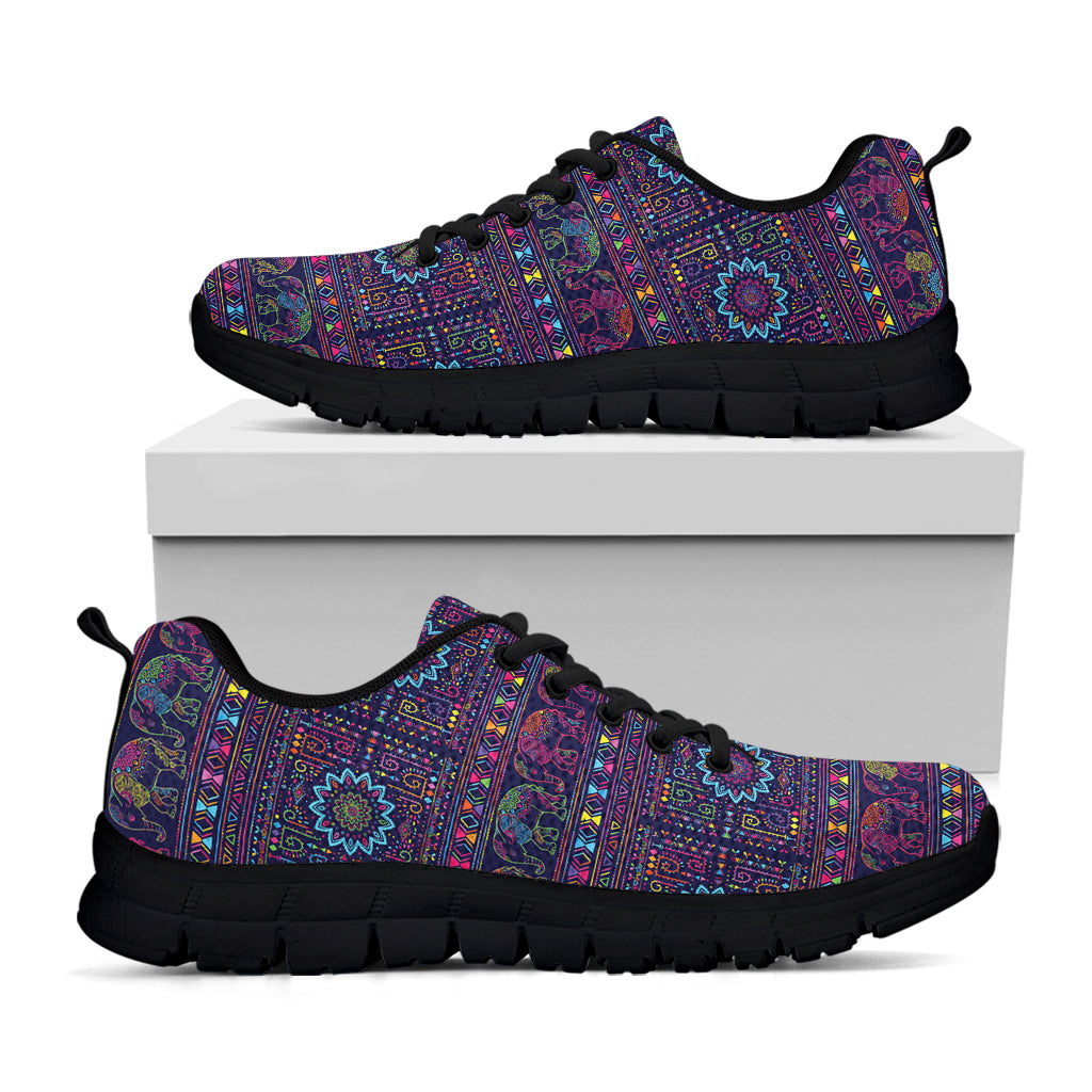 Colorful Indian Elephant Pattern Print Black Sneakers