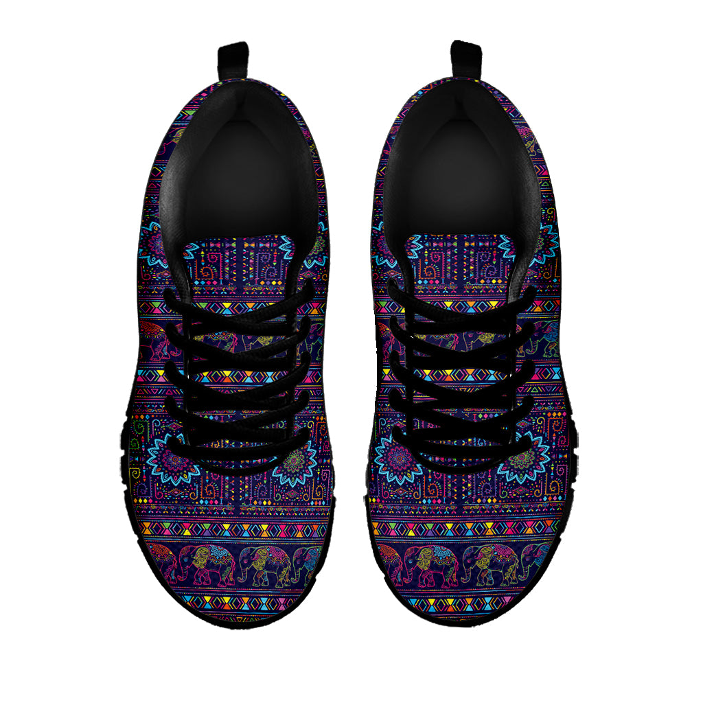 Colorful Indian Elephant Pattern Print Black Sneakers