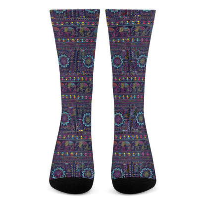 Colorful Indian Elephant Pattern Print Crew Socks