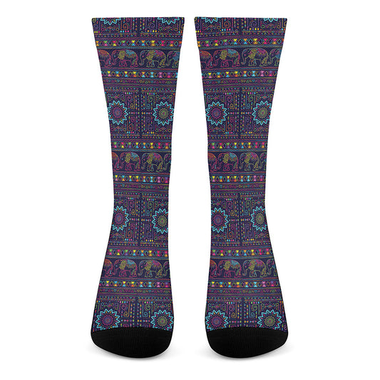 Colorful Indian Elephant Pattern Print Crew Socks