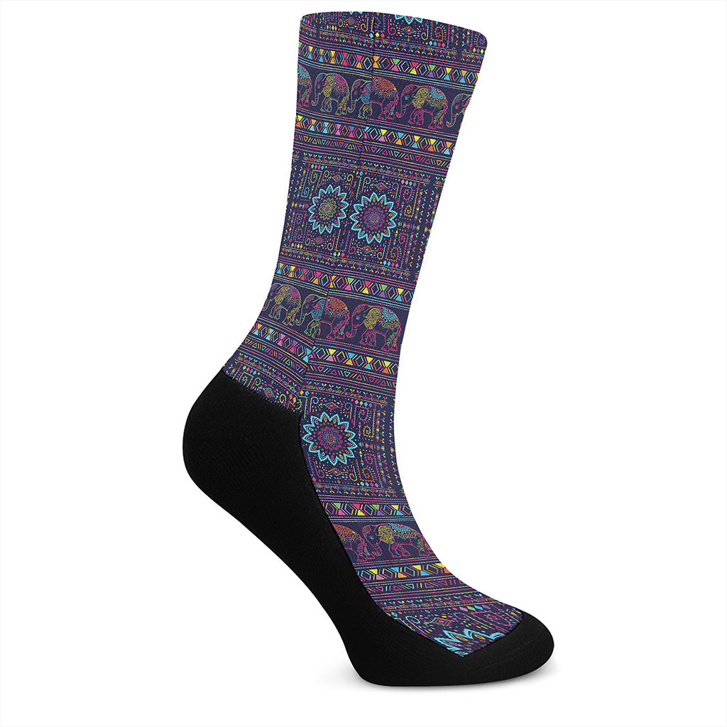 Colorful Indian Elephant Pattern Print Crew Socks