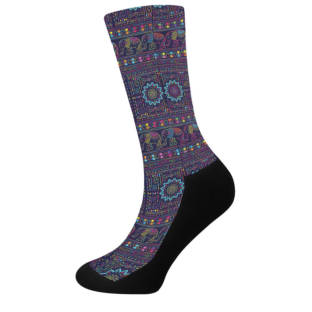 Colorful Indian Elephant Pattern Print Crew Socks