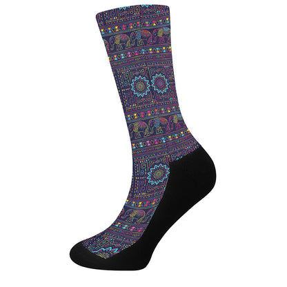 Colorful Indian Elephant Pattern Print Crew Socks