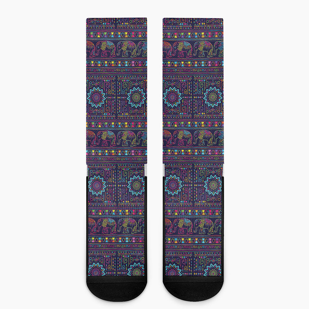 Colorful Indian Elephant Pattern Print Crew Socks