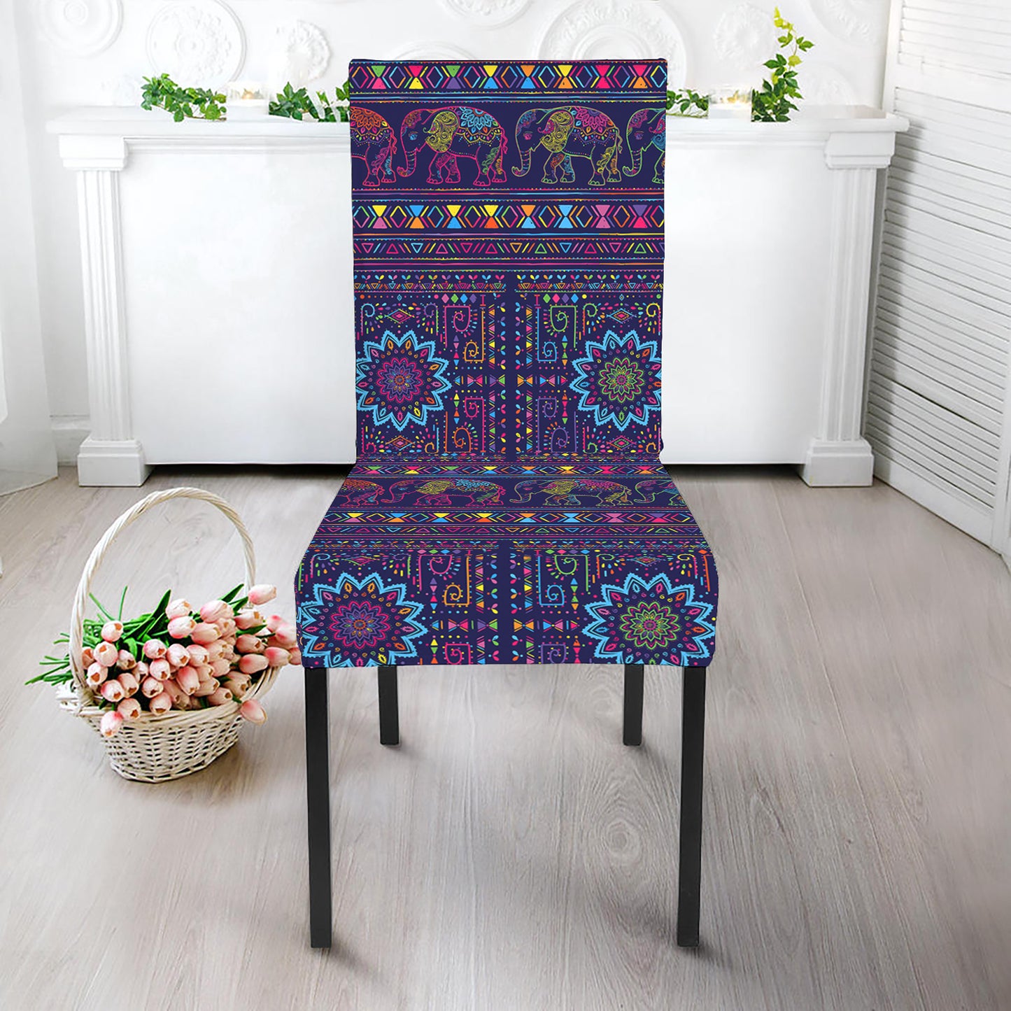 Colorful Indian Elephant Pattern Print Dining Chair Slipcover