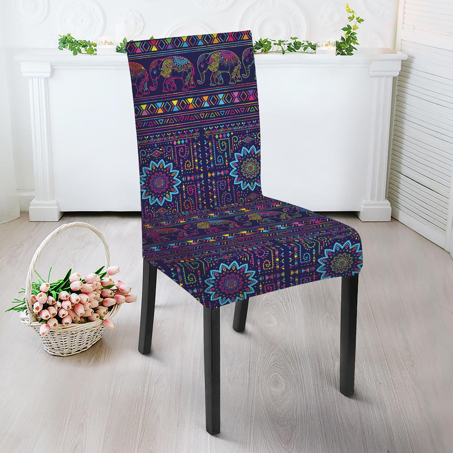 Colorful Indian Elephant Pattern Print Dining Chair Slipcover