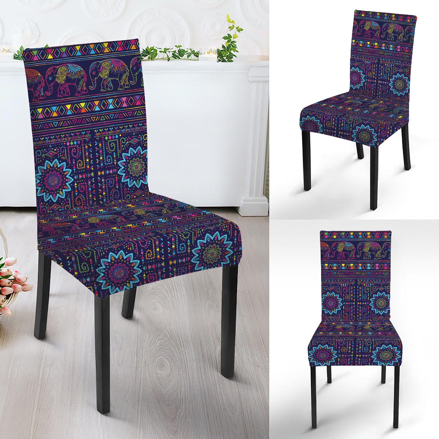 Colorful Indian Elephant Pattern Print Dining Chair Slipcover