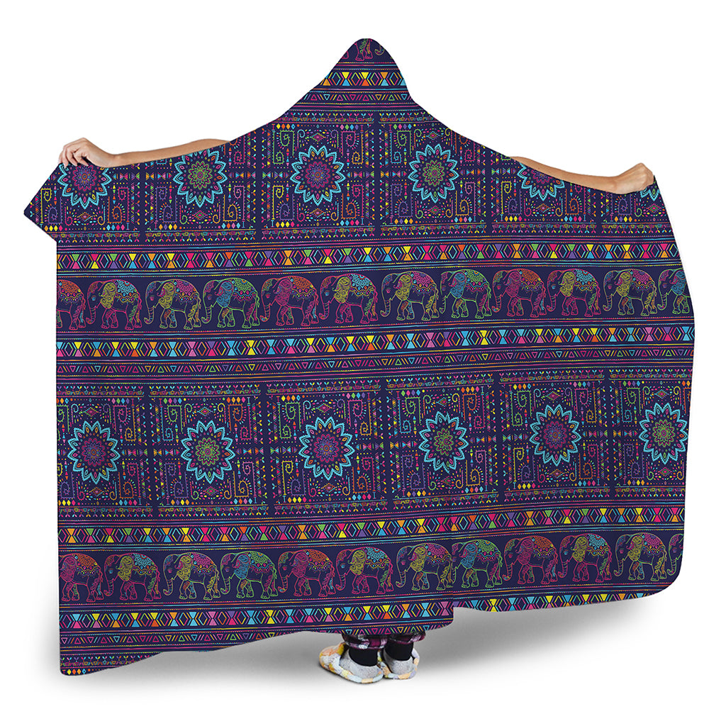 Colorful Indian Elephant Pattern Print Hooded Blanket