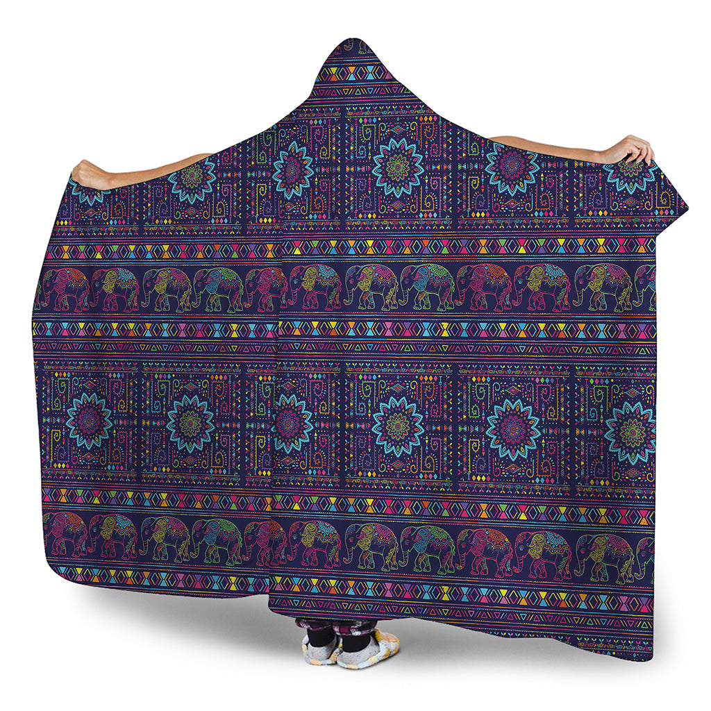 Colorful Indian Elephant Pattern Print Hooded Blanket