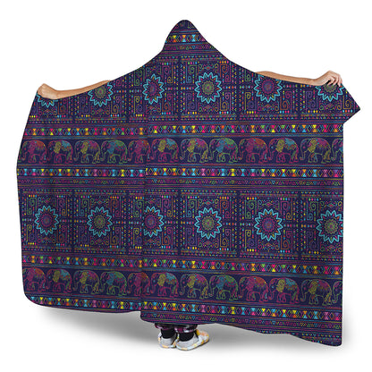 Colorful Indian Elephant Pattern Print Hooded Blanket