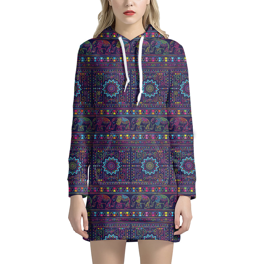 Colorful Indian Elephant Pattern Print Hoodie Dress