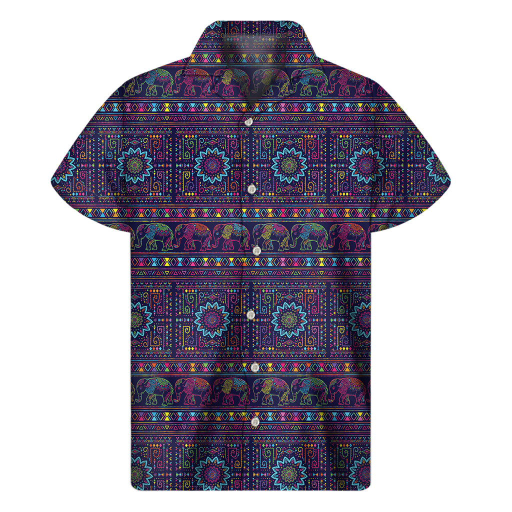Colorful Indian Elephant Pattern Print Men's Short Sleeve Shirt