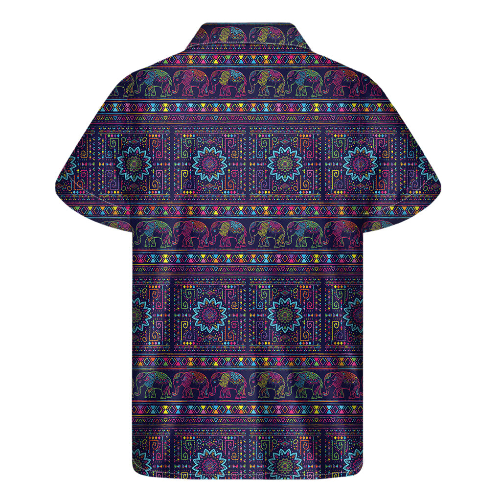 Colorful Indian Elephant Pattern Print Men's Short Sleeve Shirt