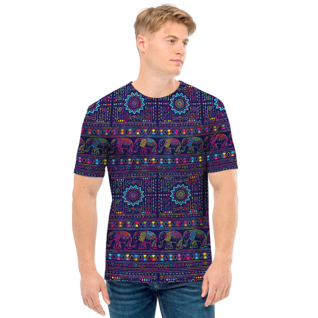 Colorful Indian Elephant Pattern Print Men's T-Shirt