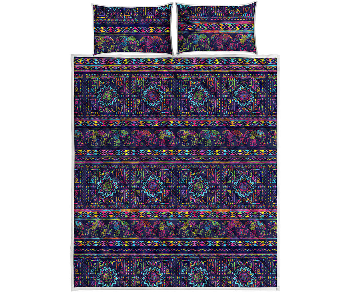 Colorful Indian Elephant Pattern Print Quilt Bed Set