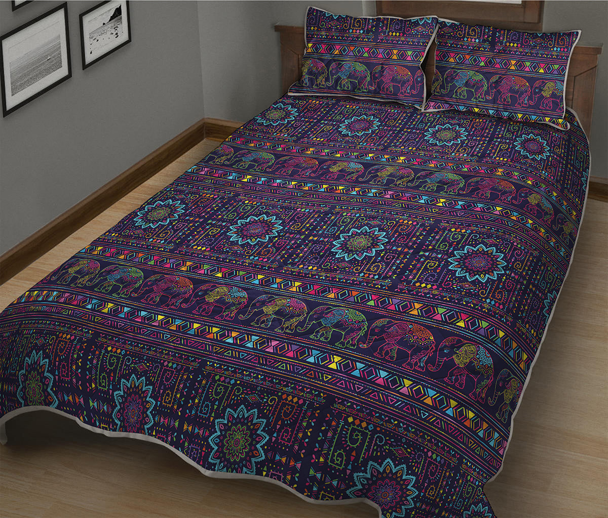 Colorful Indian Elephant Pattern Print Quilt Bed Set