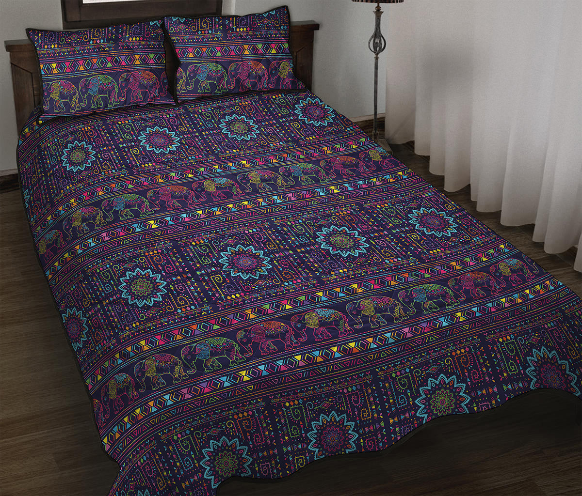 Colorful Indian Elephant Pattern Print Quilt Bed Set
