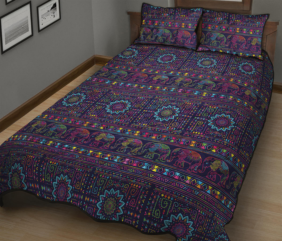 Colorful Indian Elephant Pattern Print Quilt Bed Set