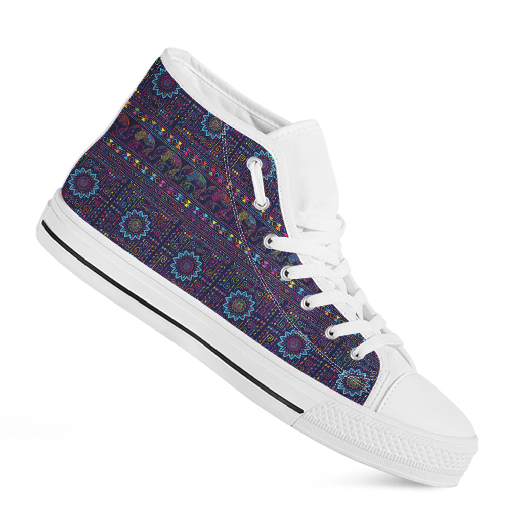 Colorful Indian Elephant Pattern Print White High Top Shoes
