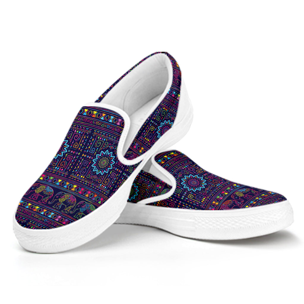 Colorful Indian Elephant Pattern Print White Slip On Shoes