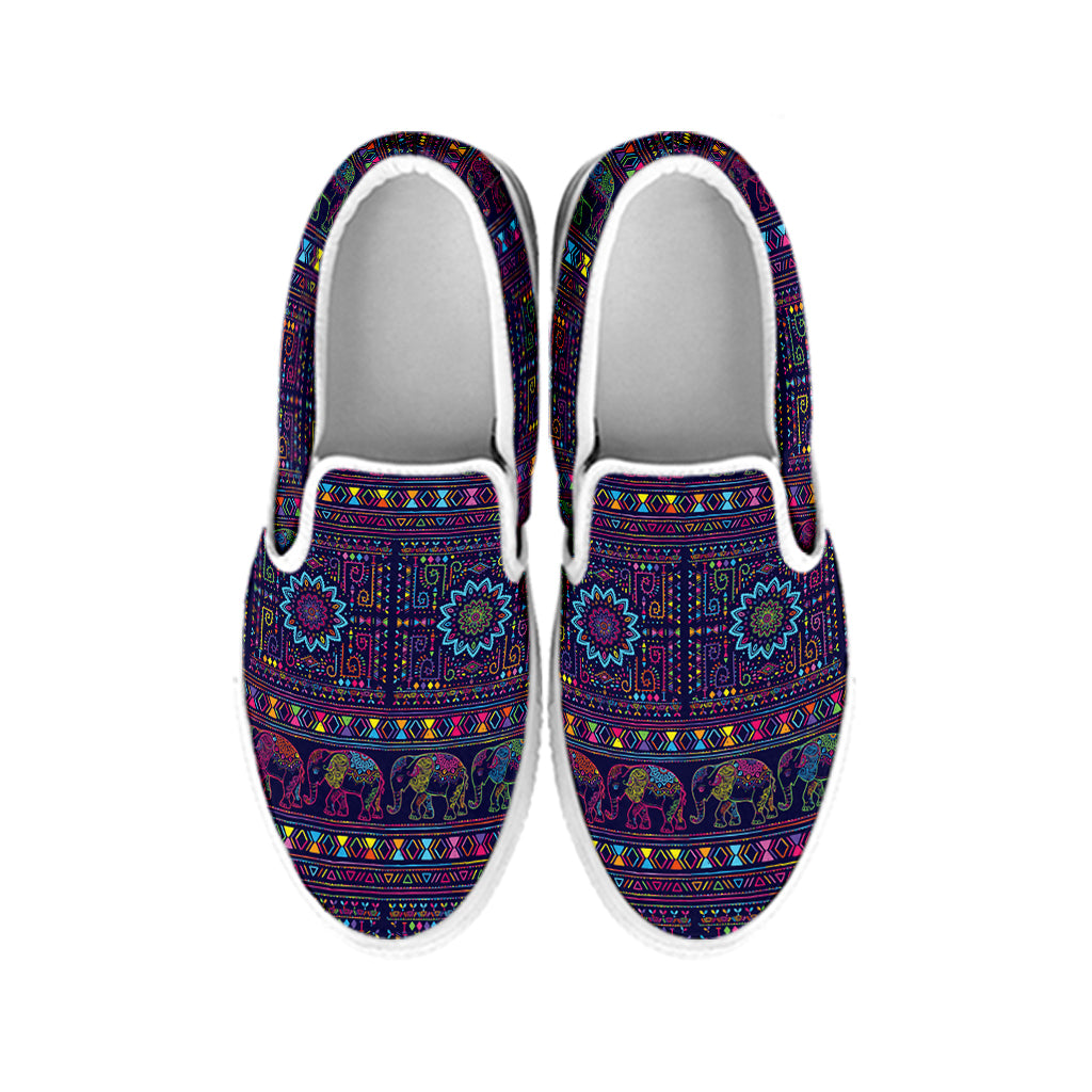 Colorful Indian Elephant Pattern Print White Slip On Shoes