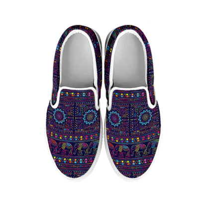 Colorful Indian Elephant Pattern Print White Slip On Shoes