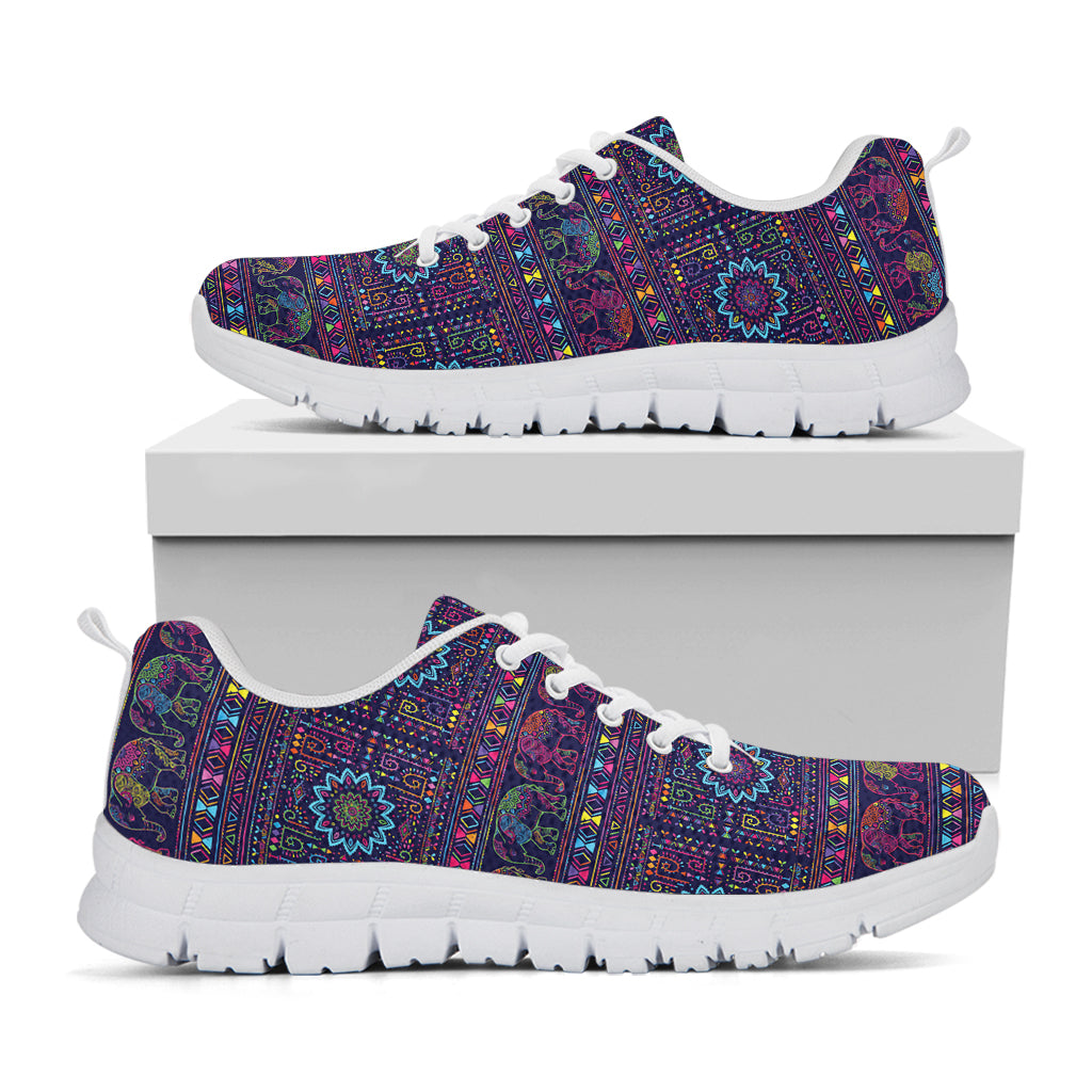 Colorful Indian Elephant Pattern Print White Sneakers