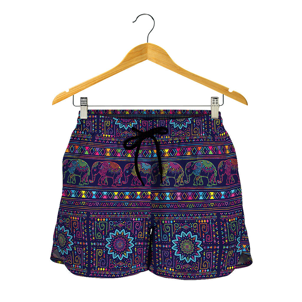 Colorful Indian Elephant Pattern Print Women's Shorts
