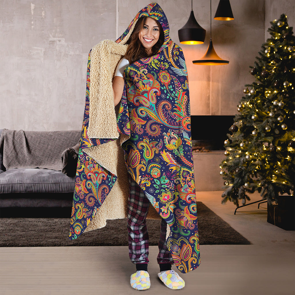 Colorful Indian Paisley Pattern Print Hooded Blanket