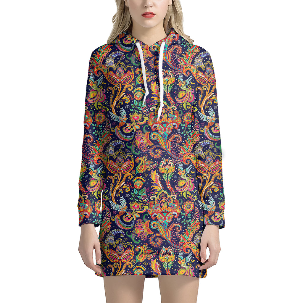 Colorful Indian Paisley Pattern Print Hoodie Dress