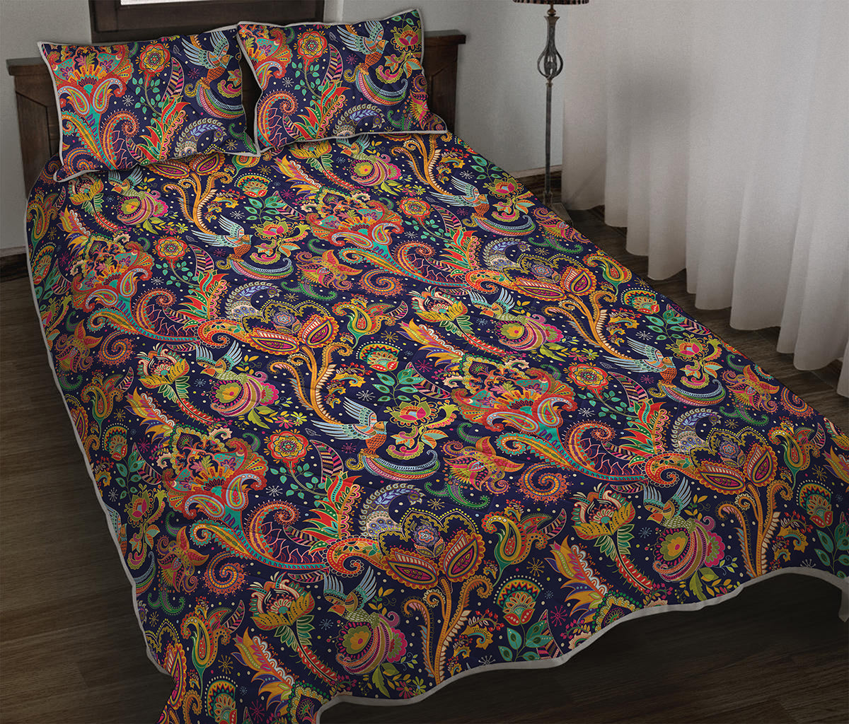 Colorful Indian Paisley Pattern Print Quilt Bed Set