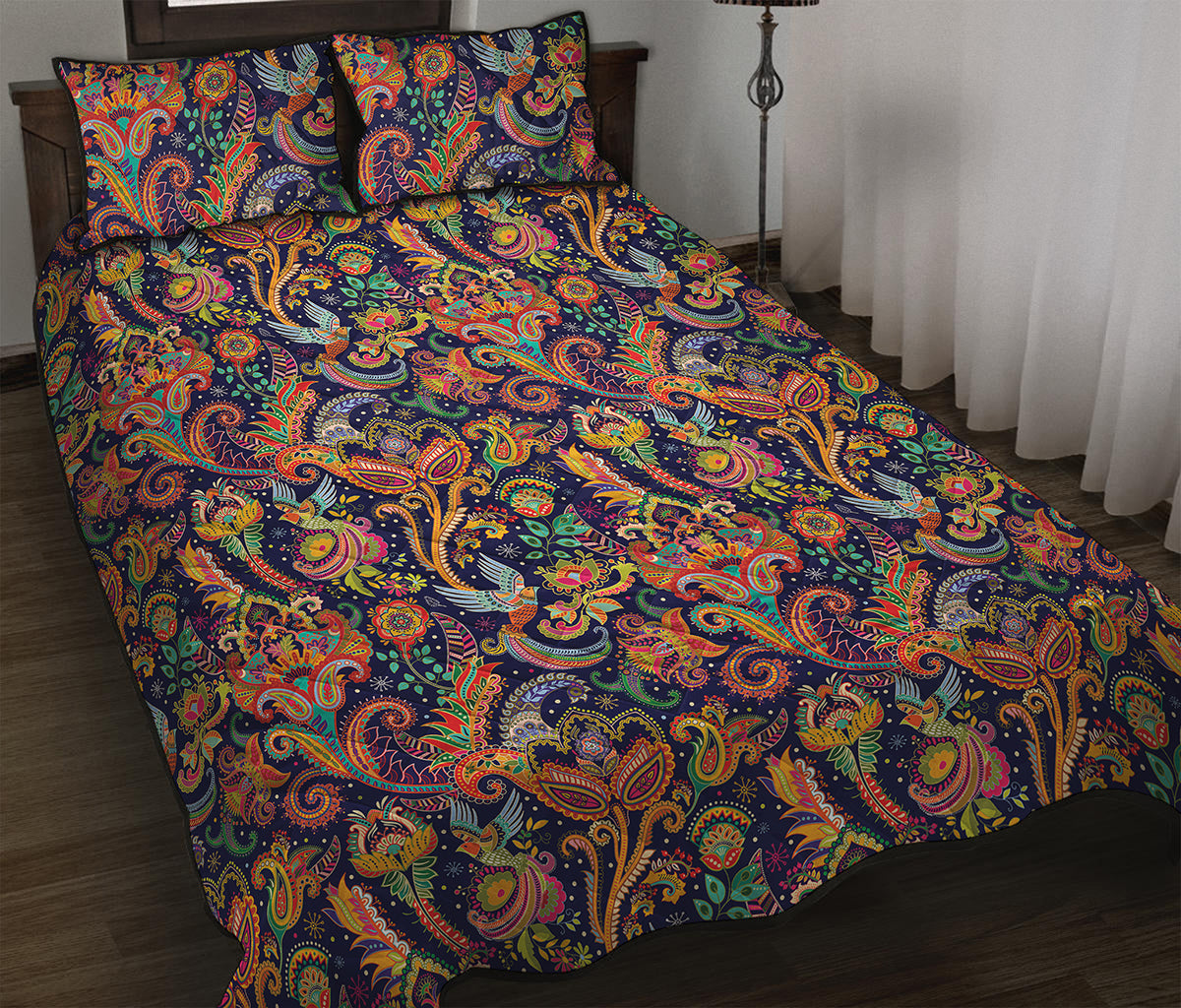 Colorful Indian Paisley Pattern Print Quilt Bed Set