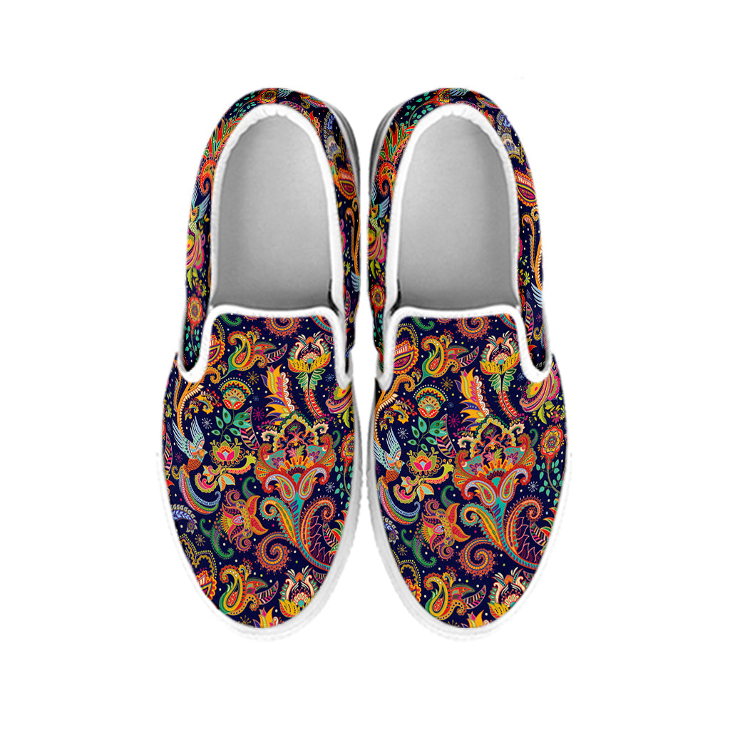 Colorful Indian Paisley Pattern Print White Slip On Shoes