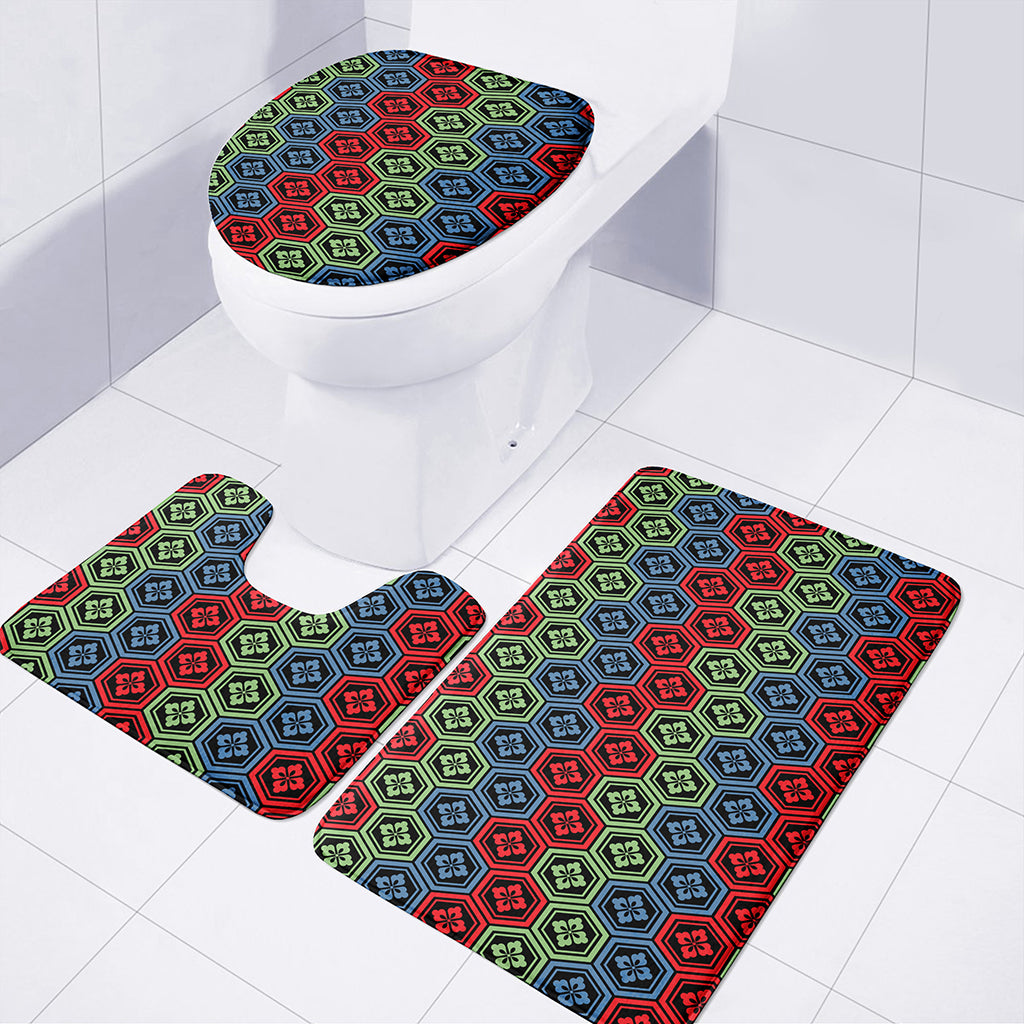Colorful Japanese Flower Pattern Print 3 Piece Bath Mat Set