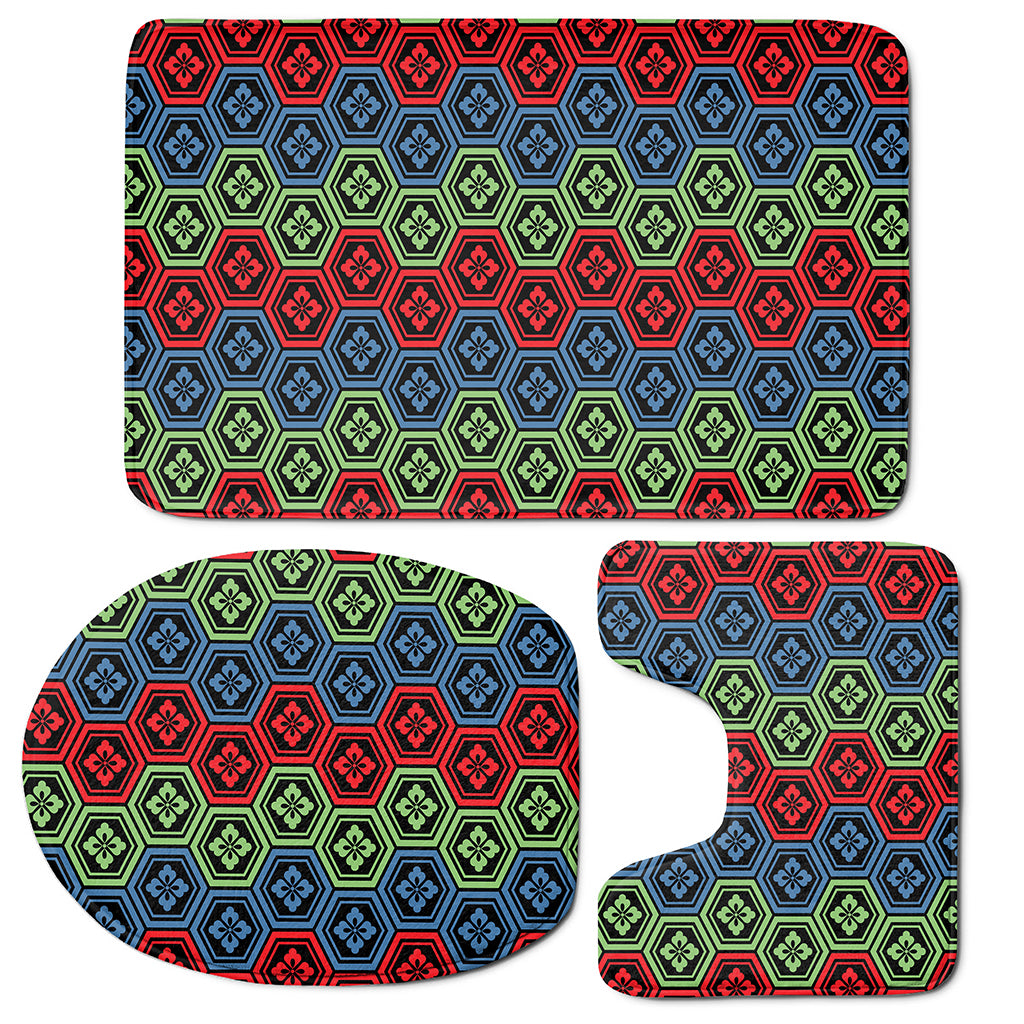 Colorful Japanese Flower Pattern Print 3 Piece Bath Mat Set