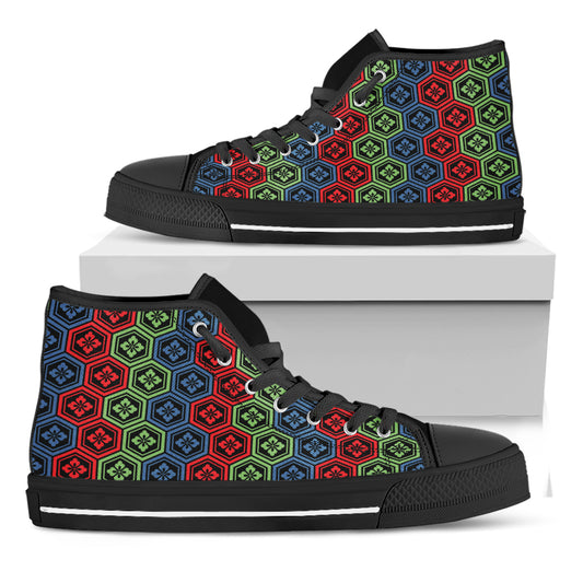 Colorful Japanese Flower Pattern Print Black High Top Shoes